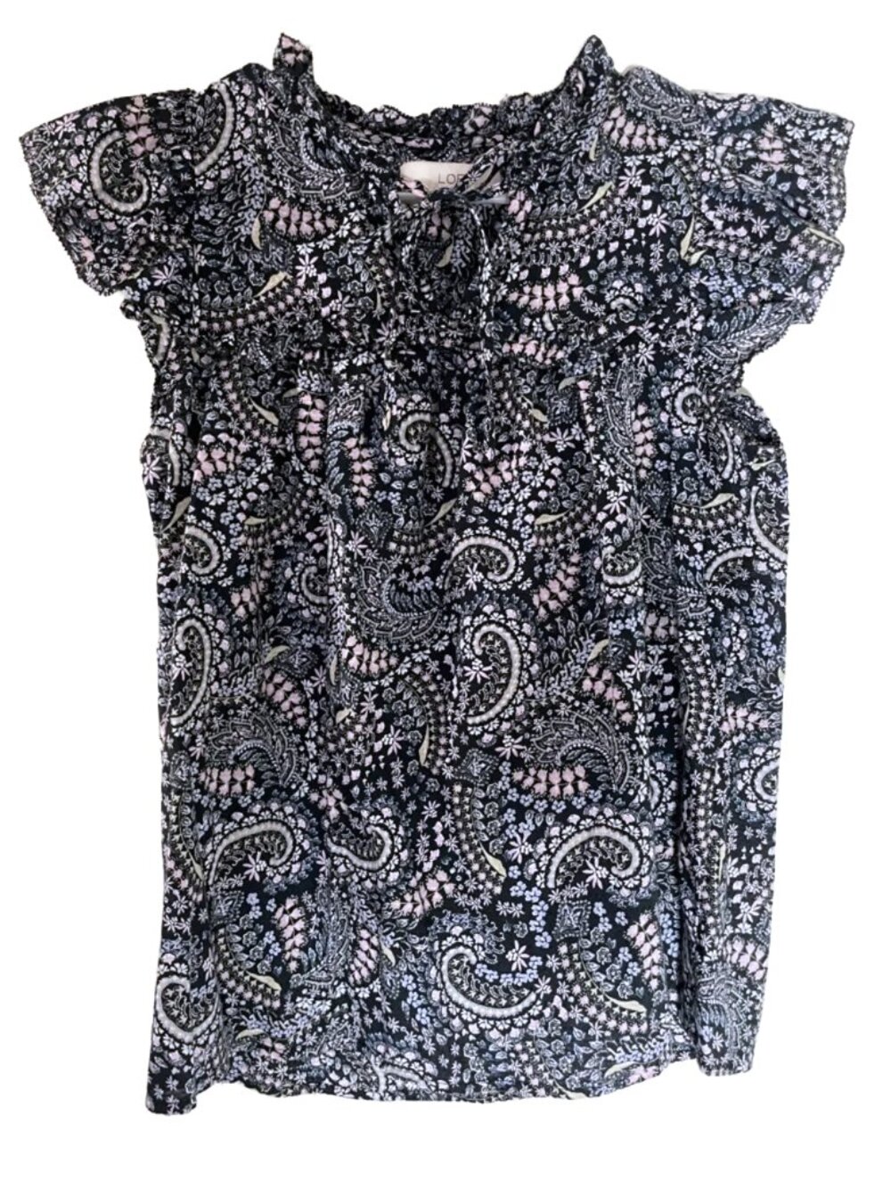 LOFT Black Paisley Short-Sleeve Ruffle-Neck Blouse XS